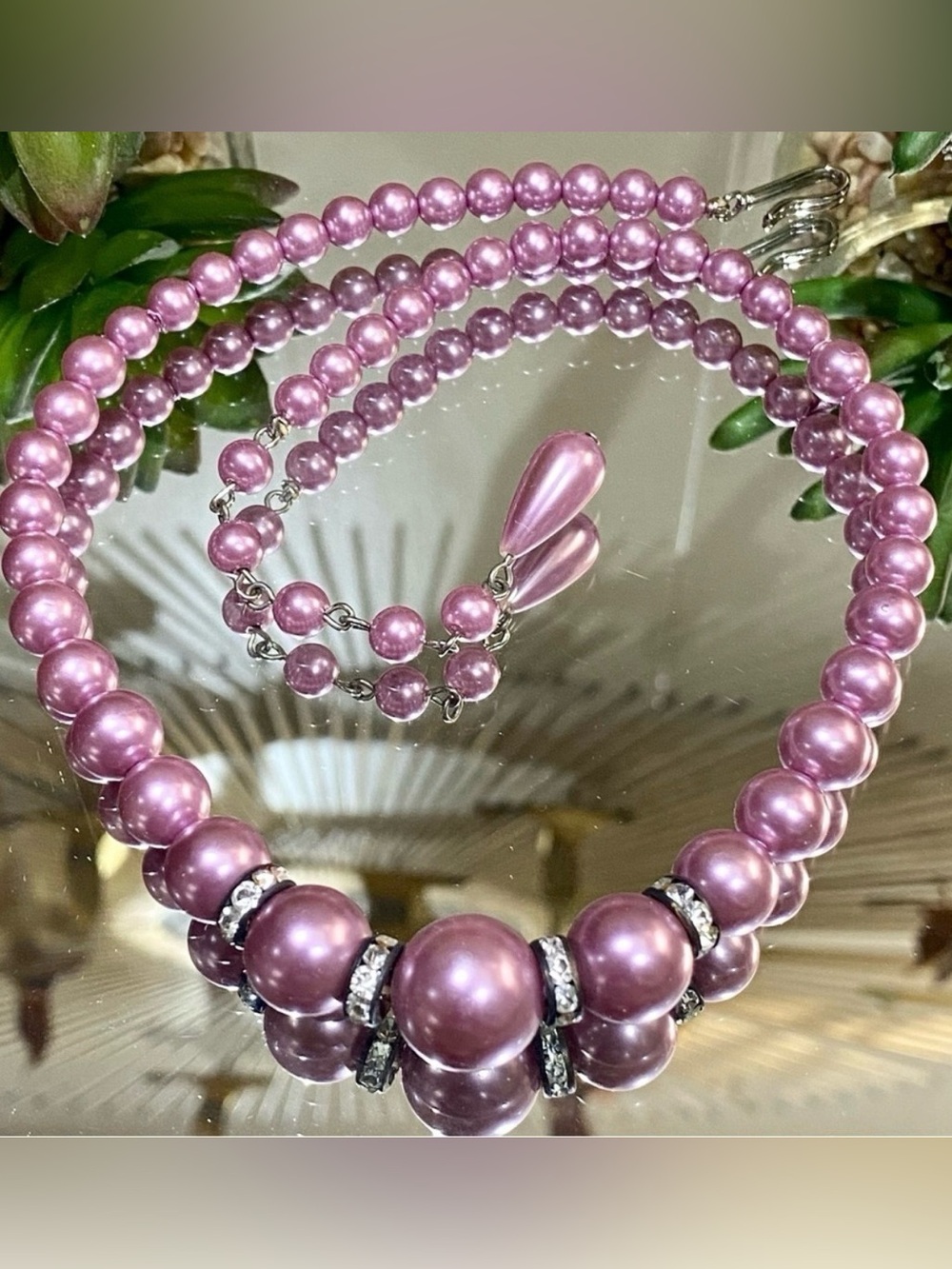 Vintage Graduated Pearl Rhinestone Necklace Beaded Rondelles Purple Crystal